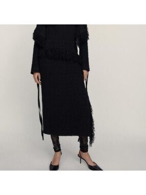 NWT Zara Limited Edition Textured Fringe Tweed Bouclé Midi Skirt, Size M
